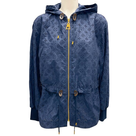 Louis Vuitton Navy Blue Hooded Zip-front Monogram Eyelet Jacket - Picture 1 of 6